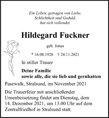 Traueranzeige von Hildegard Fuckner von Ostsee-Zeitung GmbH