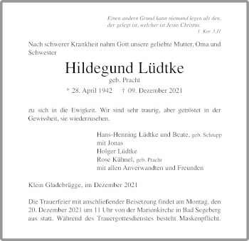 Traueranzeige von Hildegund Lüdtke von Lübecker Nachrichten