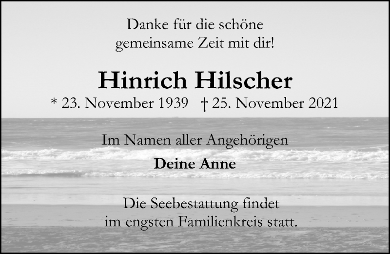  Traueranzeige für Hinrich Hilscher vom 05.12.2021 aus Lübecker Nachrichten