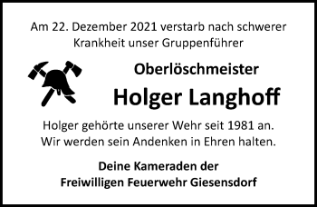 Traueranzeige von Holger Langhoff von Lübecker Nachrichten
