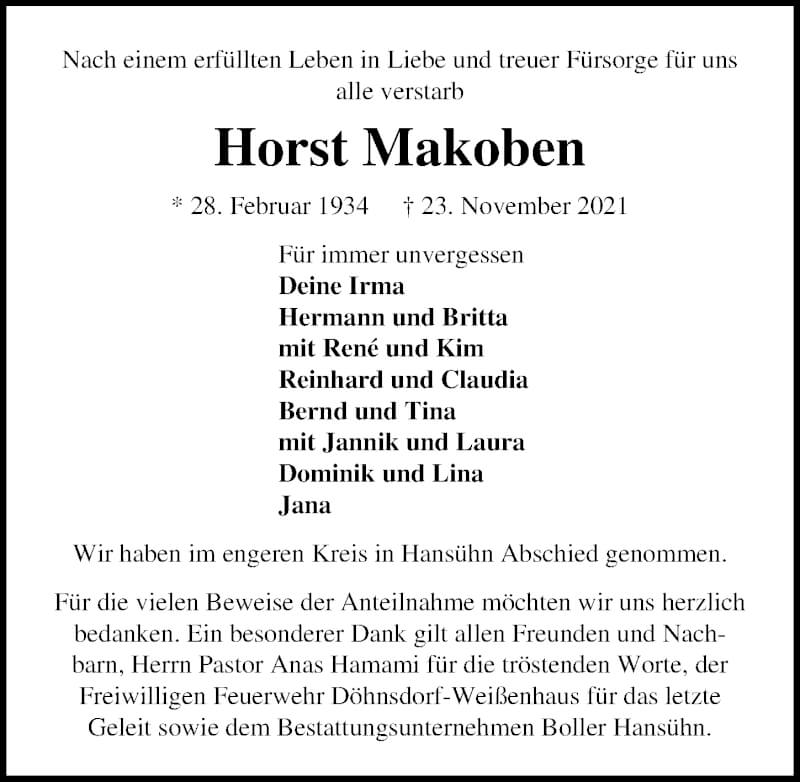  Traueranzeige für Horst Makoben vom 18.12.2021 aus Lübecker Nachrichten