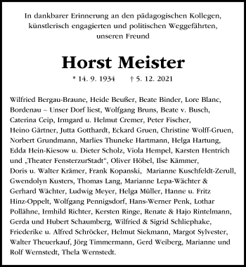 Traueranzeige von Horst Meister von Hannoversche Allgemeine Zeitung/Neue Presse