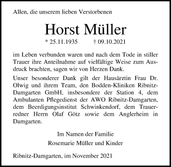 Traueranzeige von Horst Müller von Ostsee-Zeitung GmbH