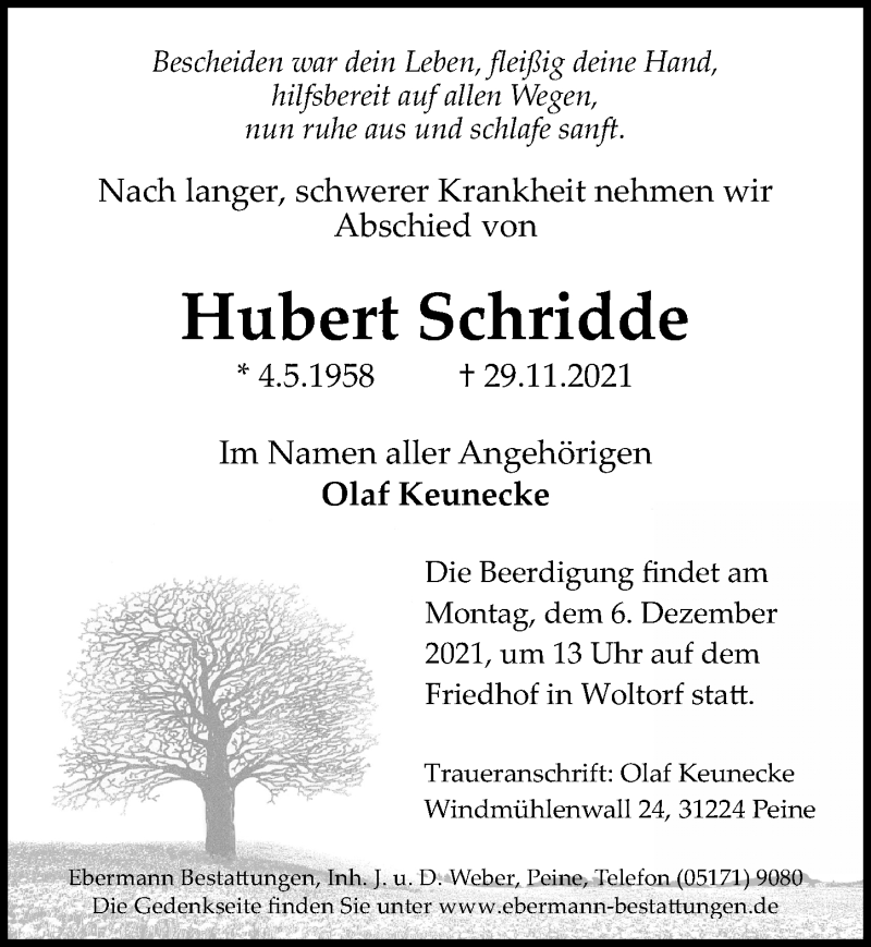  Traueranzeige für Hubert Schridde vom 03.12.2021 aus Peiner Allgemeine Zeitung