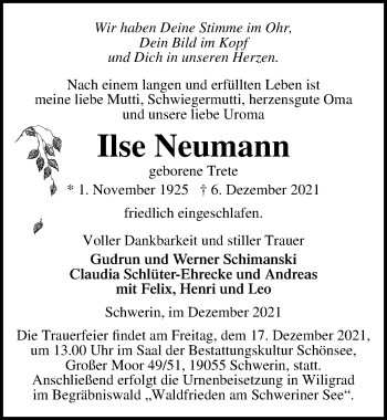 Traueranzeige von Ilse Neumann von Ostsee-Zeitung GmbH