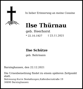 Traueranzeige von Ilse Thürnau von Hannoversche Allgemeine Zeitung/Neue Presse