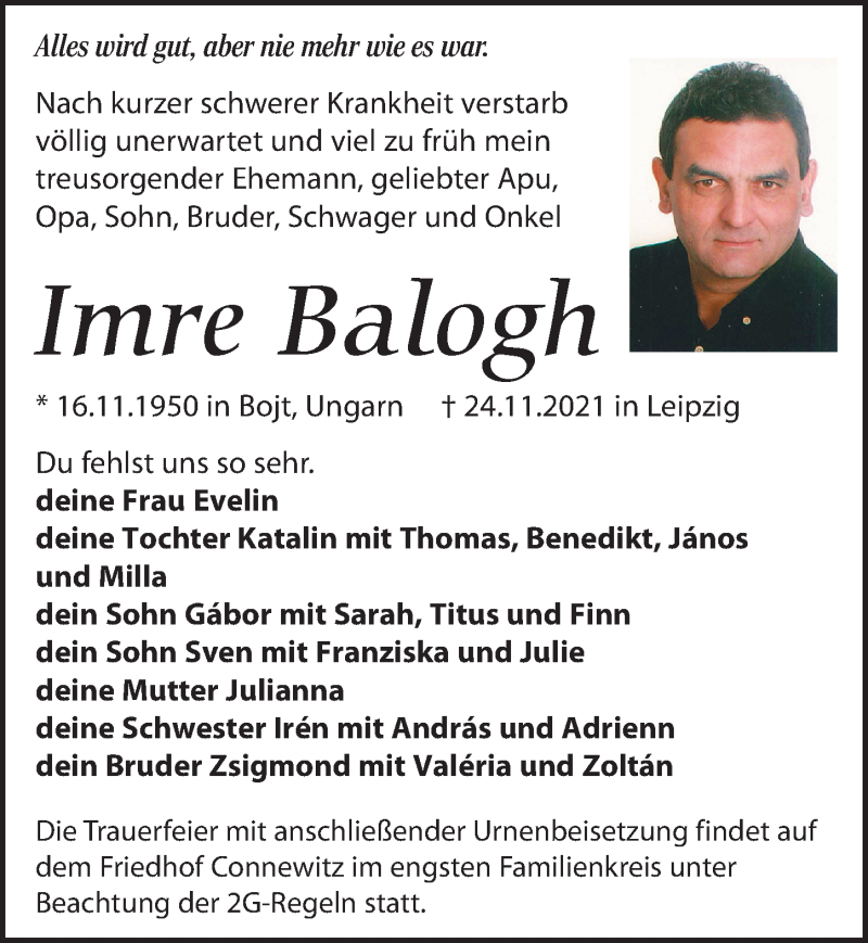  Traueranzeige für Imre Balogh vom 04.12.2021 aus Leipziger Volkszeitung