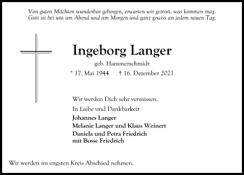 Traueranzeige von Ingeborg Langer von Lübecker Nachrichten