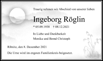 Traueranzeige von Ingeborg Röglin von Ostsee-Zeitung GmbH