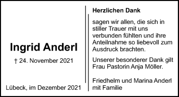 Traueranzeige von Ingrid Anderl von Lübecker Nachrichten