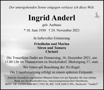 Traueranzeige von Ingrid Anderl von Lübecker Nachrichten