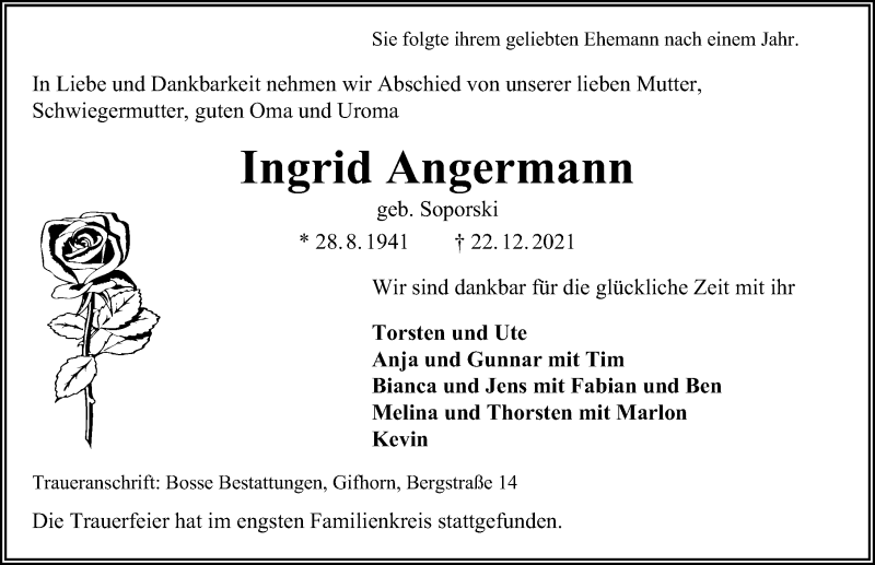  Traueranzeige für Ingrid Angermann vom 30.12.2021 aus Aller Zeitung