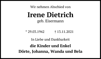 Traueranzeige von Irene Dietrich von Märkischen Allgemeine Zeitung