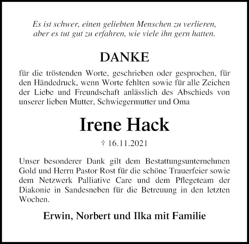  Traueranzeige für Irene Hack vom 18.12.2021 aus Lübecker Nachrichten