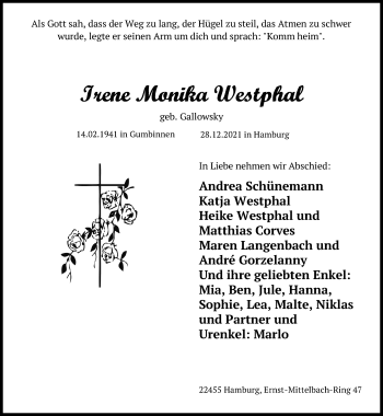 Traueranzeige von Irene Monika Westphal von Lübecker Nachrichten