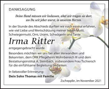 Traueranzeige von Irma Ritter von Leipziger Volkszeitung