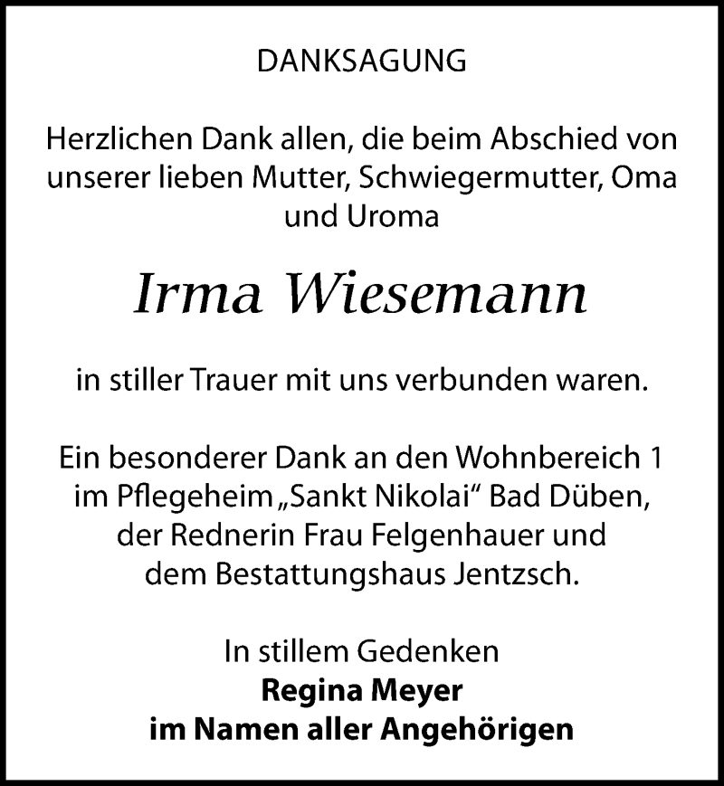  Traueranzeige für Irma Wiesemann vom 18.12.2021 aus Leipziger Volkszeitung