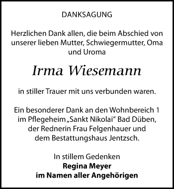 Traueranzeige von Irma Wiesemann von Leipziger Volkszeitung