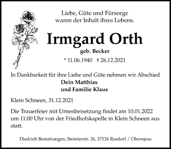 Traueranzeige von Irmgard Orth von Göttinger Tageblatt