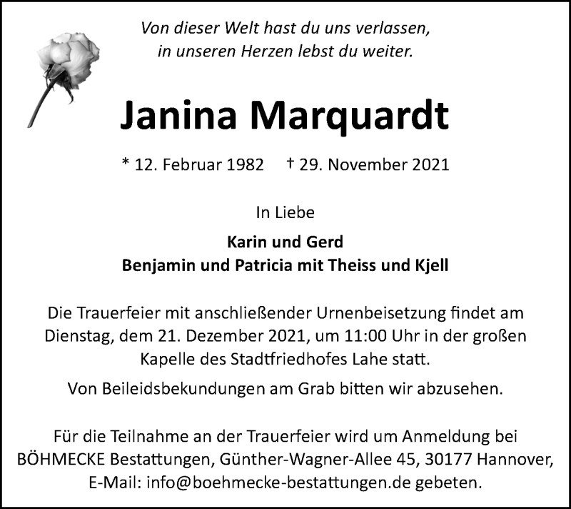  Traueranzeige für Janina Marquardt vom 18.12.2021 aus Hannoversche Allgemeine Zeitung/Neue Presse