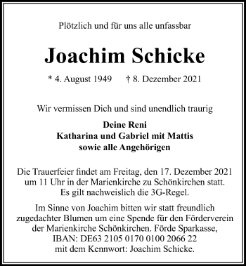 Traueranzeige von Joachim Schicke von Kieler Nachrichten