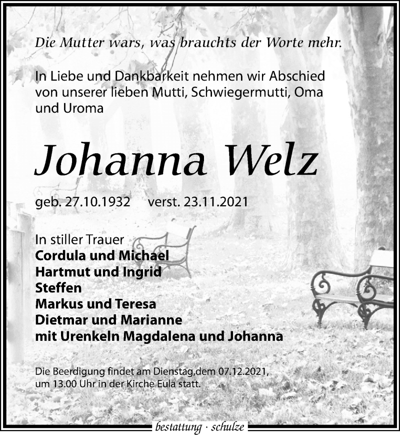  Traueranzeige für Johanna Welz vom 04.12.2021 aus Leipziger Volkszeitung
