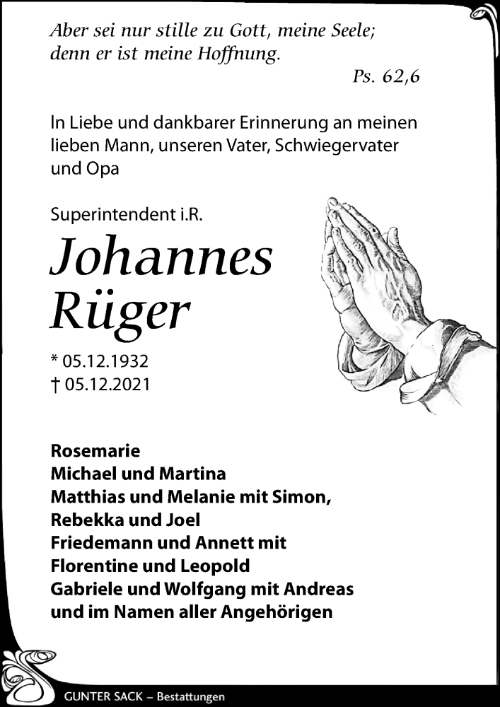  Traueranzeige für Johannes Rüger vom 11.12.2021 aus Leipziger Volkszeitung