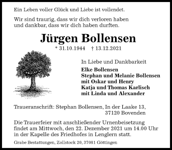 Traueranzeige von Jürgen Bollensen von Göttinger Tageblatt