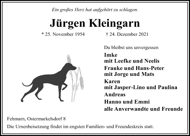  Traueranzeige für Jürgen Kleingarn vom 31.12.2021 aus Lübecker Nachrichten