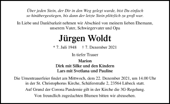 Traueranzeige von Jürgen Woldt von Lübecker Nachrichten