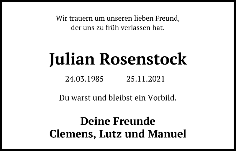  Traueranzeige für Julian Rosenstock vom 04.12.2021 aus Peiner Allgemeine Zeitung