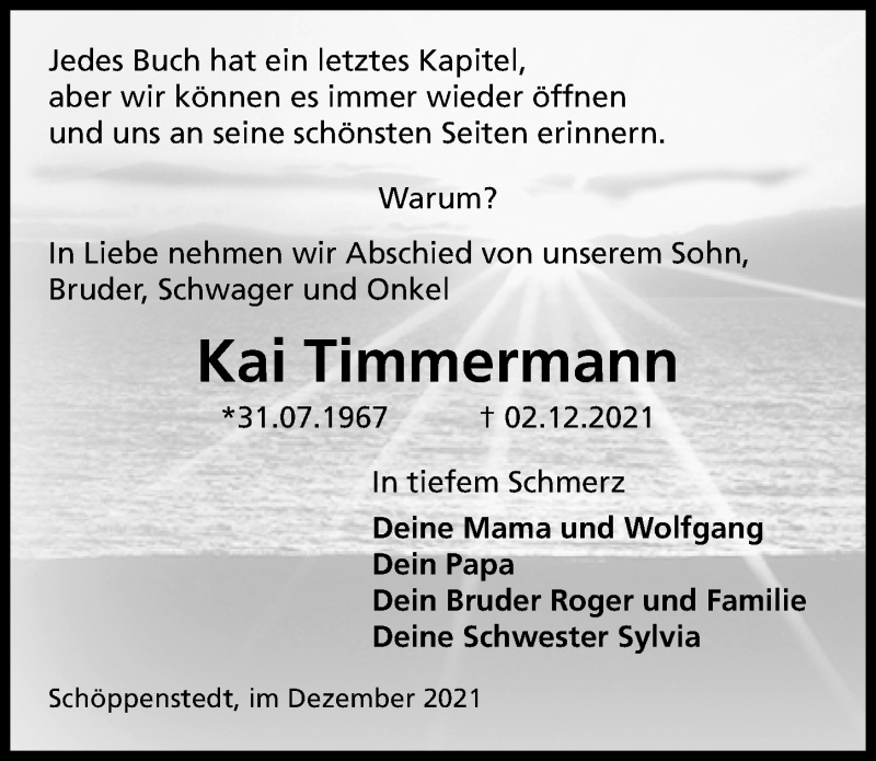  Traueranzeige für Kai Timmermann vom 08.12.2021 aus Aller Zeitung
