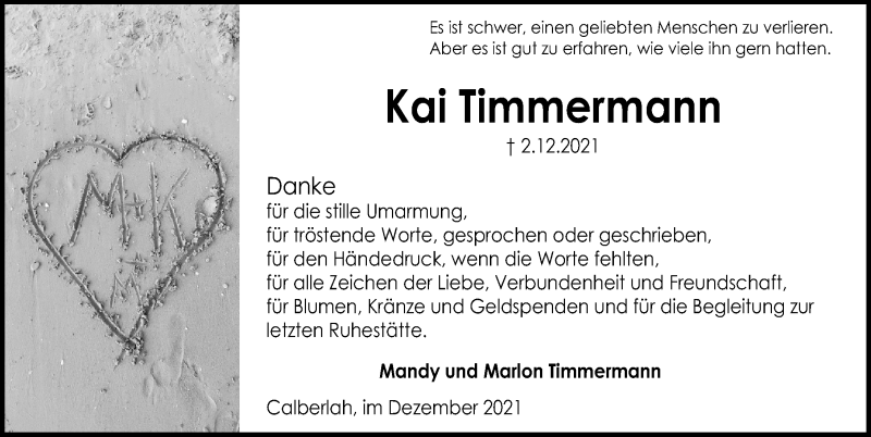  Traueranzeige für Kai Timmermann vom 23.12.2021 aus Aller Zeitung