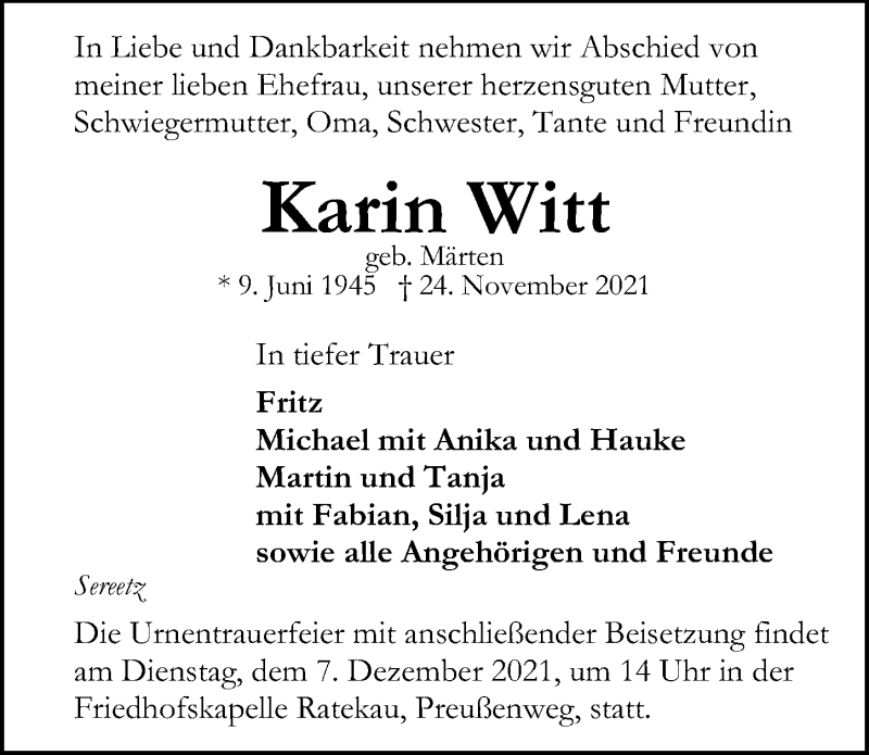  Traueranzeige für Karin Witt vom 05.12.2021 aus Lübecker Nachrichten