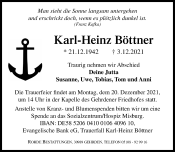 Traueranzeige von Karl-Heinz Böttner von Hannoversche Allgemeine Zeitung/Neue Presse