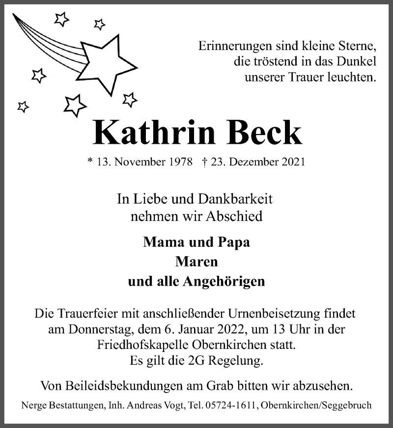  Traueranzeige für Kathrin Beck vom 30.12.2021 aus Schaumburger Nachrichten