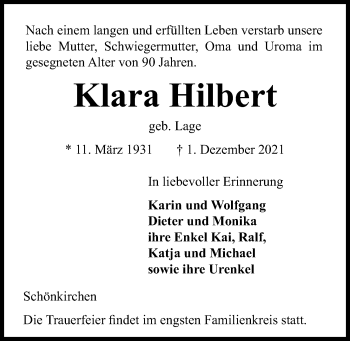 Traueranzeige von Klara Hilbert von Kieler Nachrichten