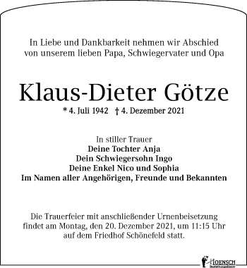 Traueranzeige von Klaus-Dieter Götze von Leipziger Volkszeitung