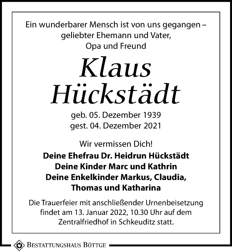  Traueranzeige für Klaus Hückstädt vom 18.12.2021 aus Leipziger Volkszeitung
