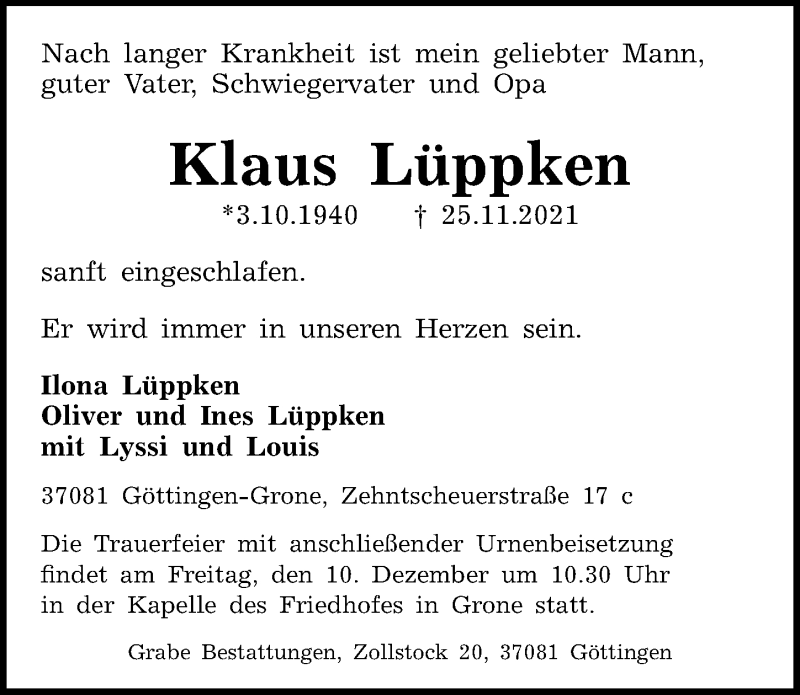  Traueranzeige für Klaus Lüppken vom 04.12.2021 aus Göttinger Tageblatt