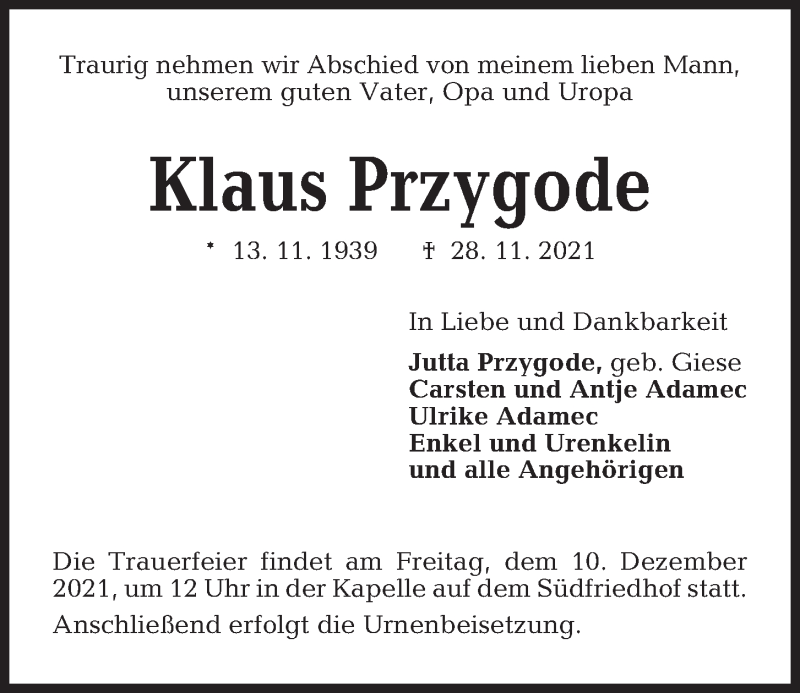  Traueranzeige für Klaus Przygode vom 04.12.2021 aus Kieler Nachrichten