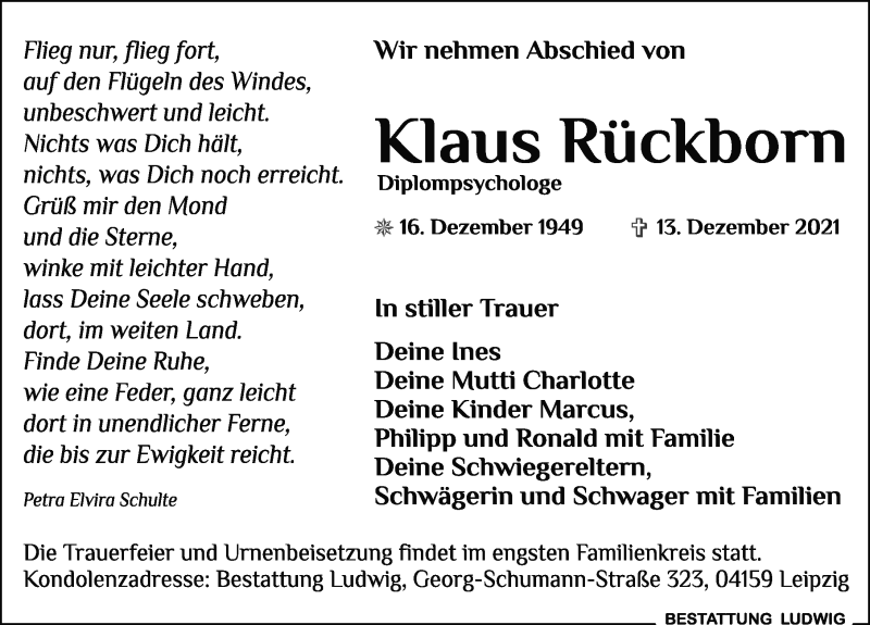  Traueranzeige für Klaus Rückborn vom 24.12.2021 aus Leipziger Volkszeitung
