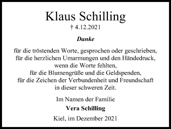 Traueranzeige von Klaus Schilling von Kieler Nachrichten