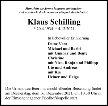 Traueranzeige von Klaus Schilling von Kieler Nachrichten