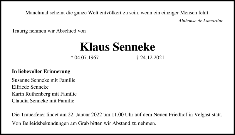  Traueranzeige für Klaus Senneke vom 31.12.2021 aus Ostsee-Zeitung GmbH