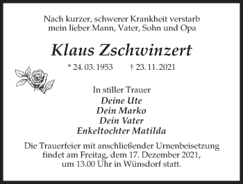 Traueranzeige von Klaus Zschwinzert von Märkischen Allgemeine Zeitung