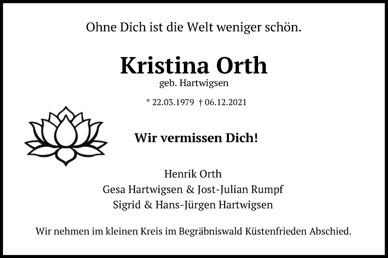  Traueranzeige für Kristina Orth vom 11.12.2021 aus Kieler Nachrichten