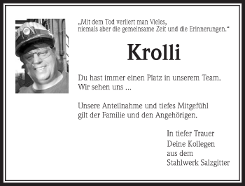 Traueranzeige von Krolli  von Peiner Allgemeine Zeitung