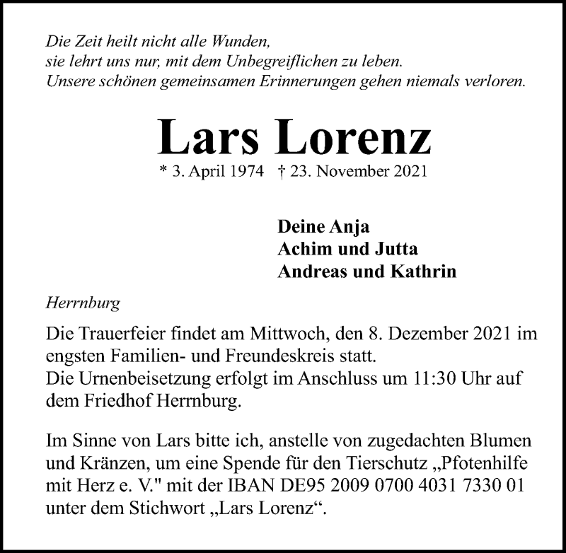  Traueranzeige für Lars Lorenz vom 05.12.2021 aus Lübecker Nachrichten