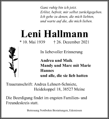 Traueranzeige von Leni Hallmann von Peiner Allgemeine Zeitung